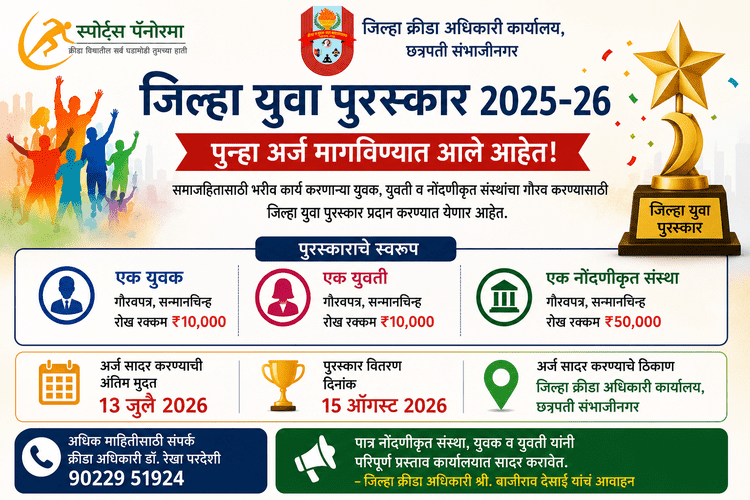 छत्रपती संभाजीनगर जिल्हा युवा पुरस्कार 2025-26 साठी अर्ज मागविण्याची प्रक्रिया सुरू; 13 जुलैपर्यंत प्रस्ताव सादर करण्याचे आवाहन